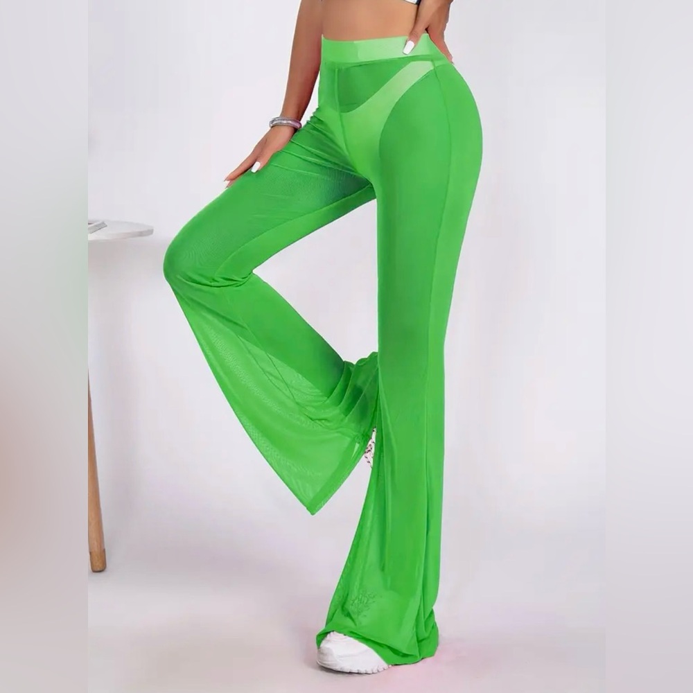 NWOT Green High Waisted Stretchy Sheer Swimsuit Cover Up Bell Bottoms